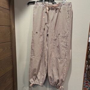 Navy & Cream Striped Jean Wide Leg Pants W Pockets & Drawstring at Waist & Hem